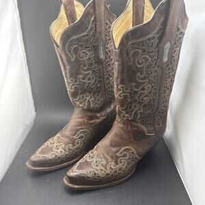 Corral Vintage Cowgirl Boots 6M Brown Distressed Leather USA Floral Cutout